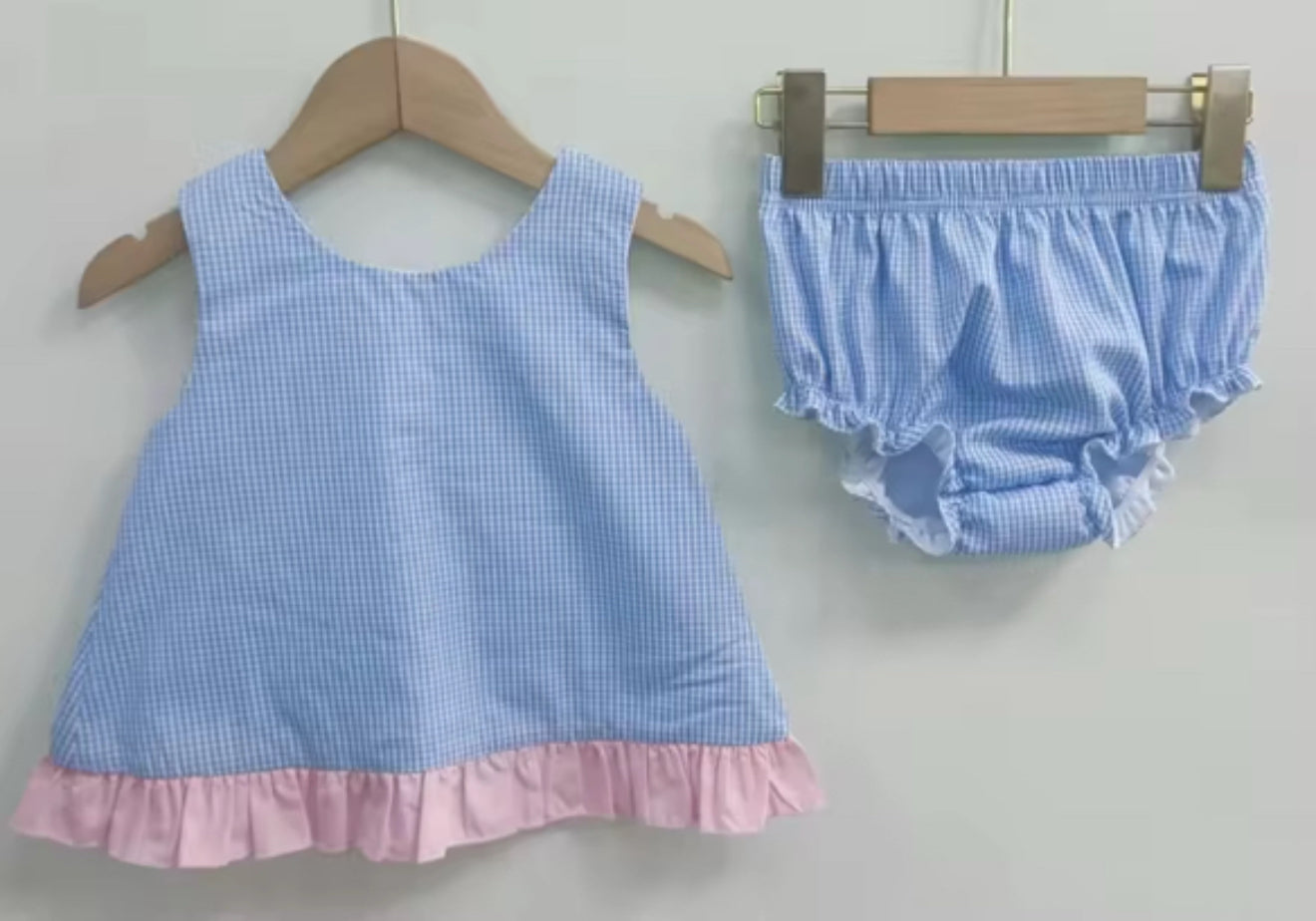 Bow back bloomerset blue with pink trim