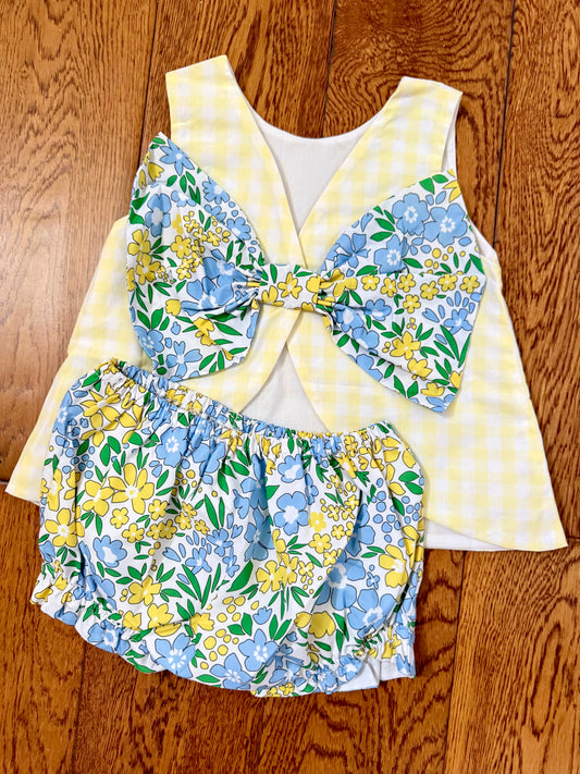 Betsy Bow back bloomerset in light yellow and blue floral