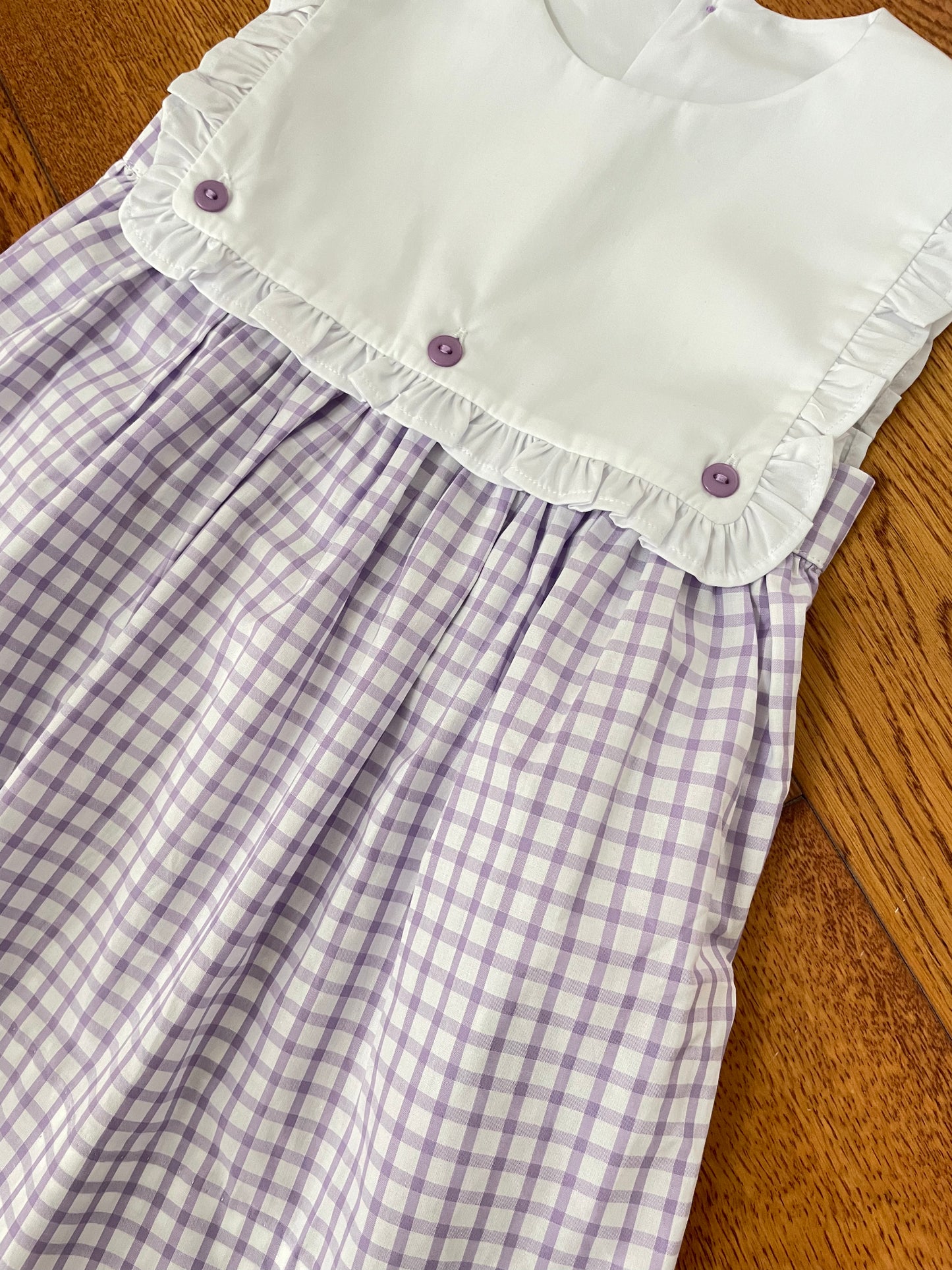 Blaire bib dress in purple gingham