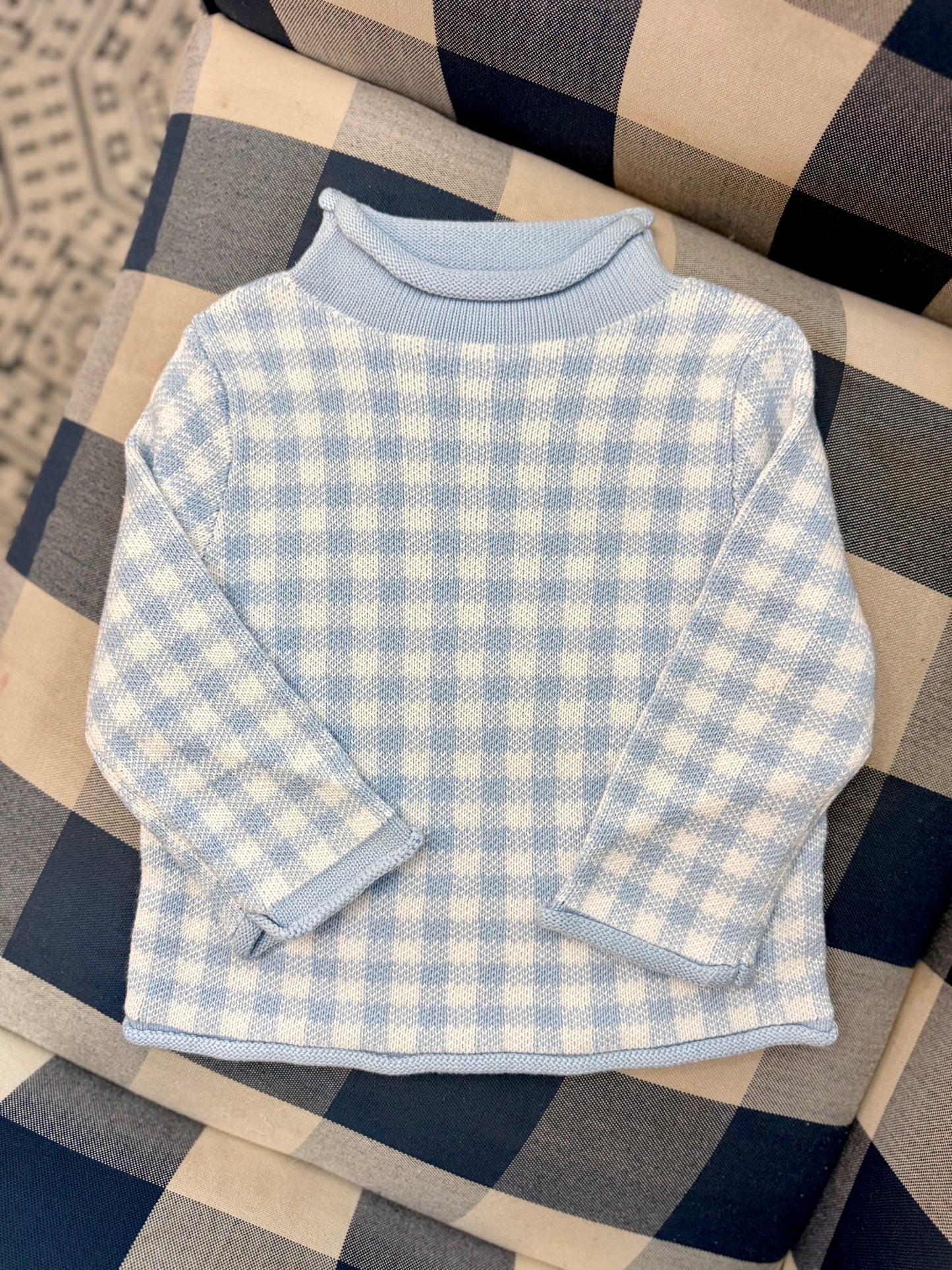 Blue gingham rollneck sweater