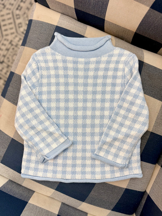 Blue gingham rollneck sweater