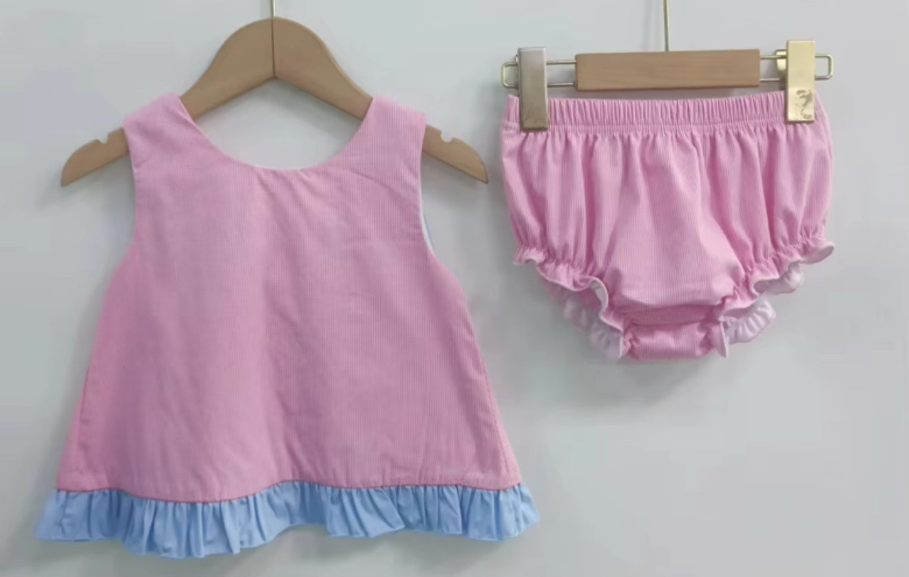 Bow back bloomerset pink with blue trim