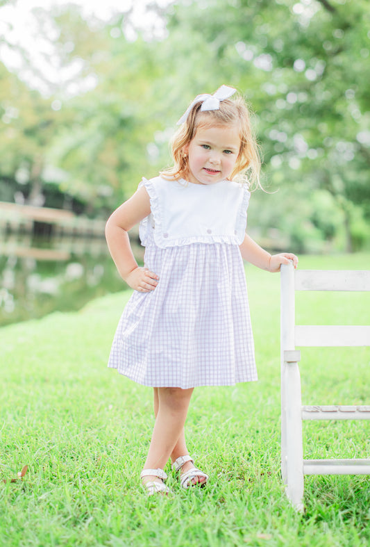 Blaire bib dress in purple gingham