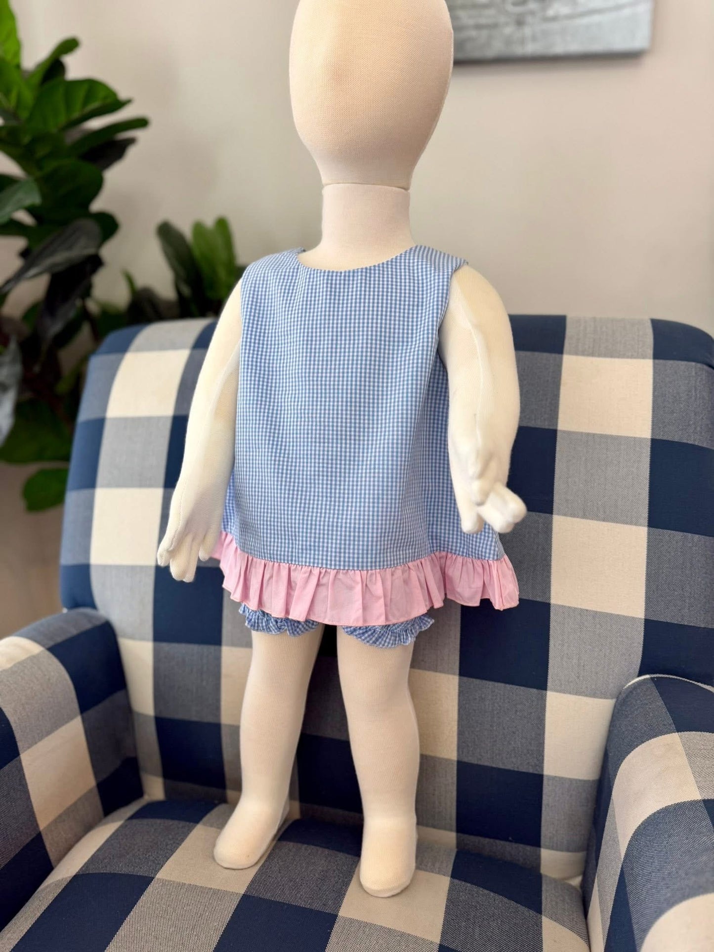 Bow back bloomerset blue with pink trim