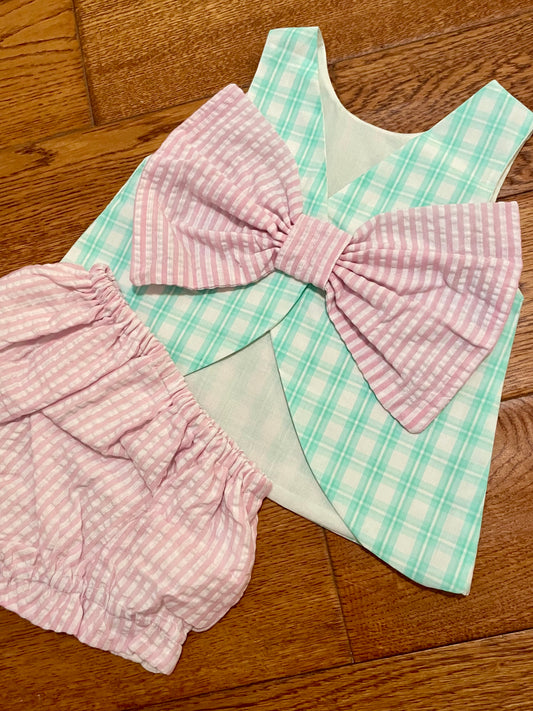 Betsy Bow back bloomerset in mint & pink